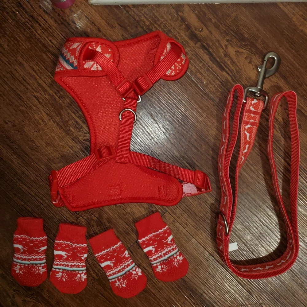 New Fair Isle Pet Christmas Print Harness Socks & Leash Set-Small